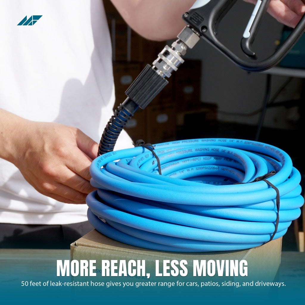 Premium 50' kink resistant hose for washing cars, patios, siding and driveways.